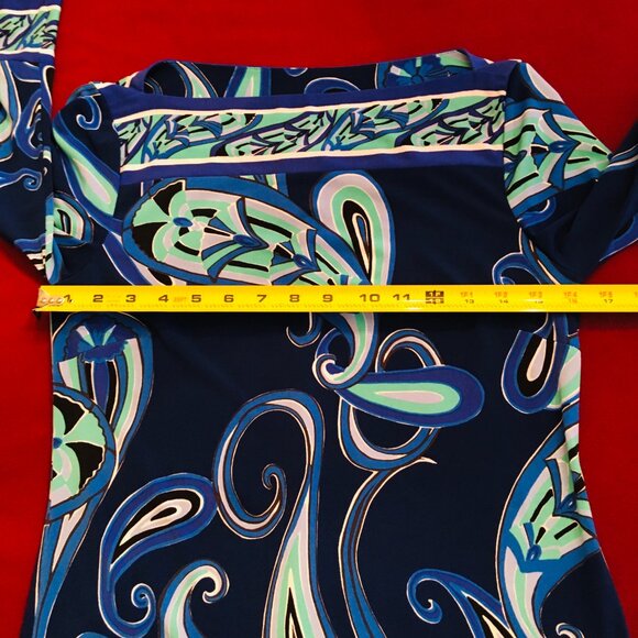 Drop Waist Dress Blue White Green Swirls ¾ Sleeves Stretch Ali Ro Women’s Size 2 - Picture 10 of 16